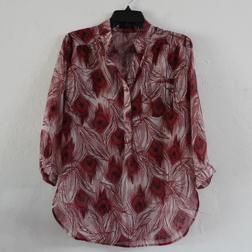 CALS Sheer Peacock Feather Print Blouse – Size S, Red/White, Lightweight